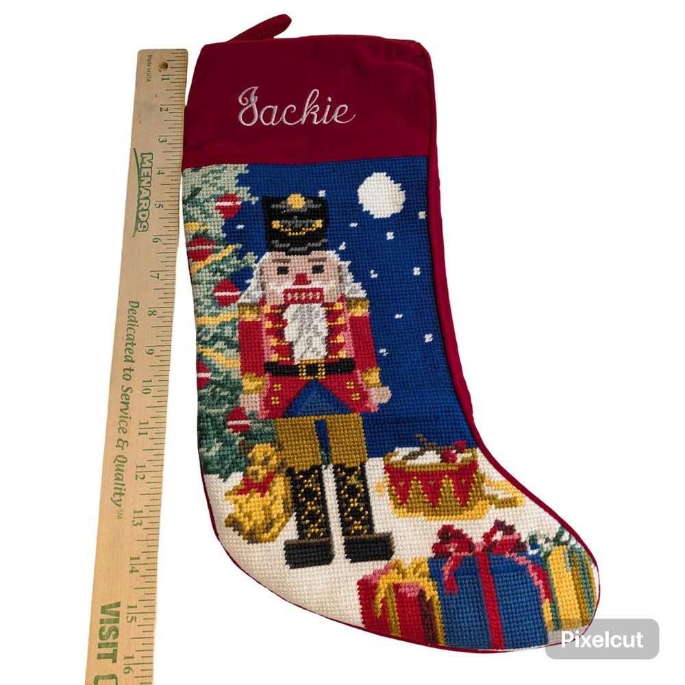Lillian Vernon Nutcracker Needlepoint Christmas Stocking Jackie Red Wool 16in - Picture 5 of 5